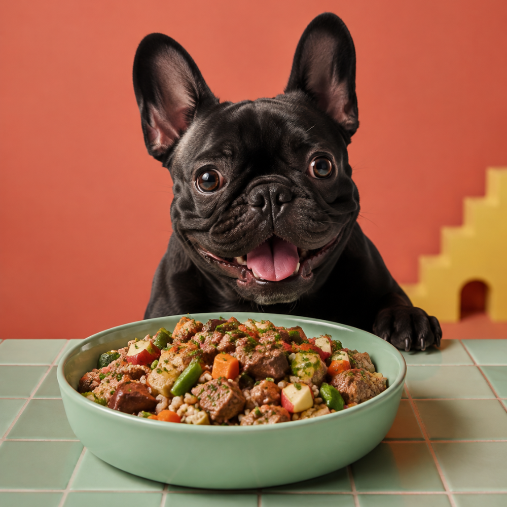 Bulldog francés feliz frente a su plato verde de Pet Private Chef